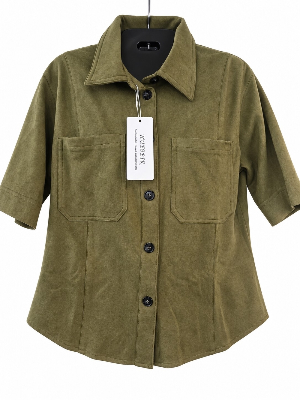 NWT HUEOBIR Olive Faux Suede Button Down Shirt M